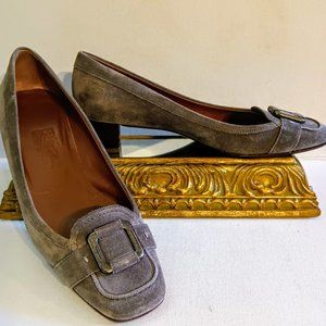 Salvatore Ferragamo Vintage Grey Suede Buckle Loafer Block Heel 9.5 B Fits 8.5-9